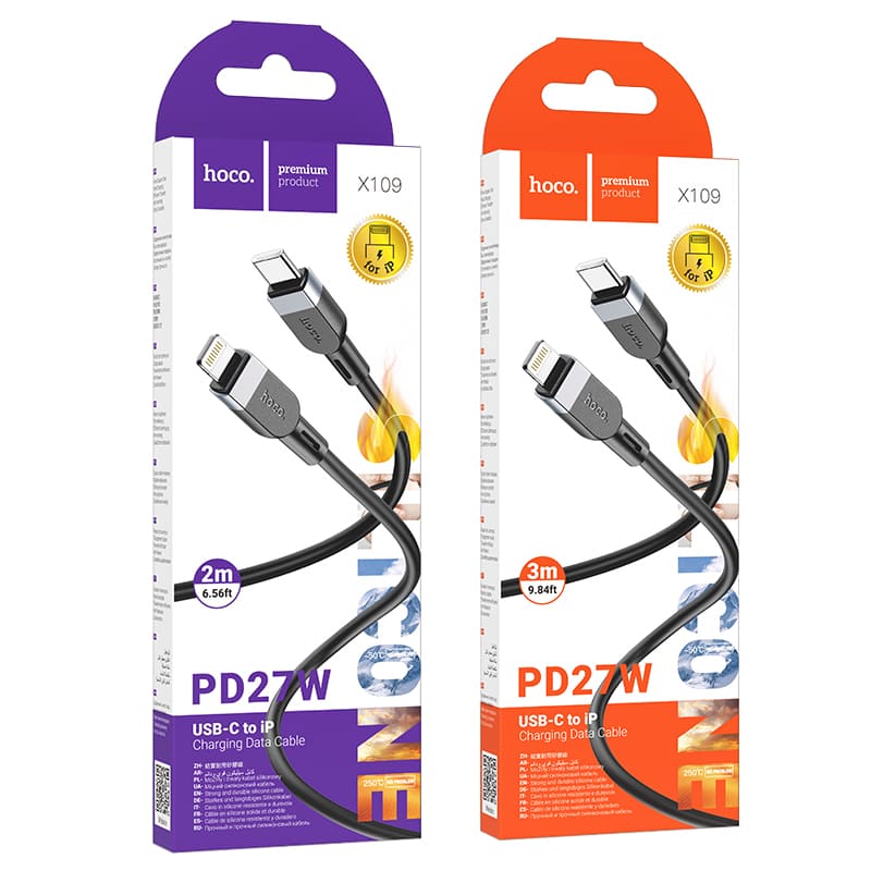 Кабель для зарядки iP Lightning to Type-C HOCO X109 PD 27W 2м силиконовый черный