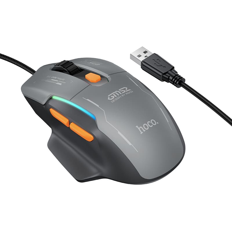 Мышь проводная игровая Hoco GM52 Gaming 1.6м черно-серая с RGB подсветкой 12800 dpi