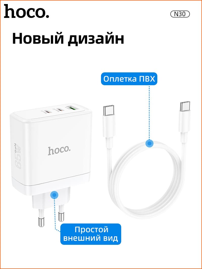 фото Сетевое зарядное устройство + кабель Type-C to Type-C HOCO N30 2PD+QC3.0 GaN 65W белый
