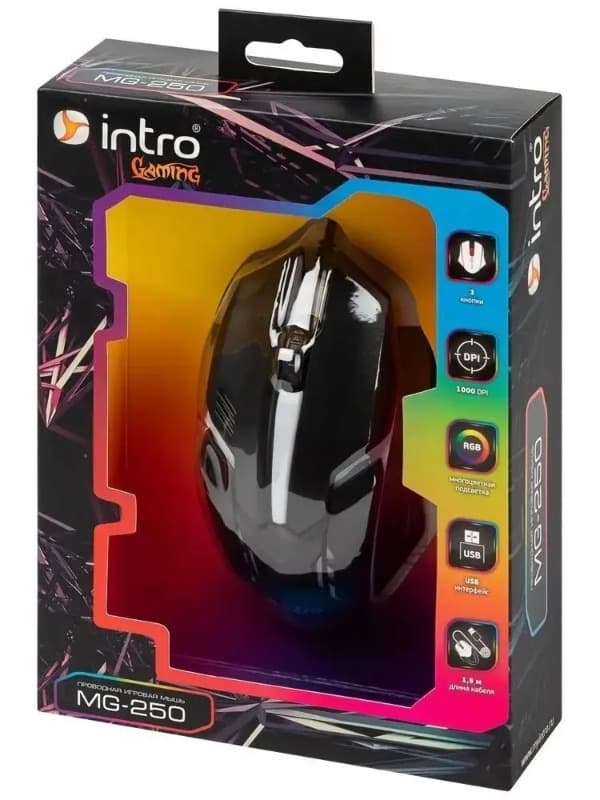 Мышь проводная игровая Intro MG250 Gaming 1.5м черная с подсветкой 1000dpi
