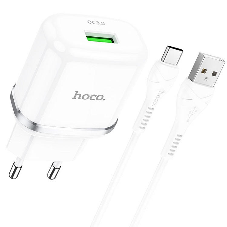 фото Сетевое зарядное устройство + кабель Type-C HOCO N3 1USB QC3.0 18W белый