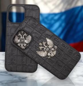 Чехол накладка для iphone 17 Pro Max (6.9) силикон+пластик под кожу с гербом черный