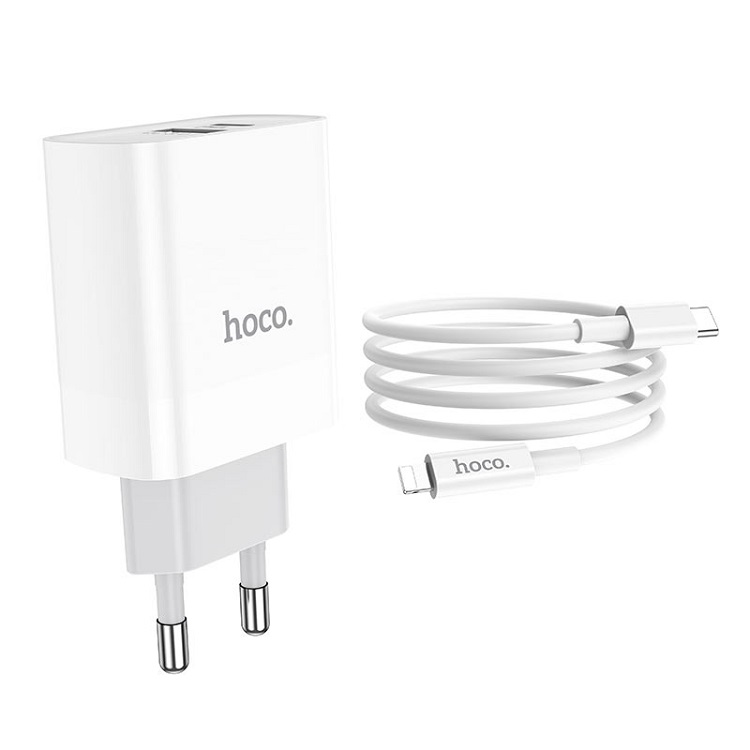 фото Сетевое зарядное устройство + кабель для iphone Lightning to Type-C HOCO C80A PD 20W+QC3.0 3A белый