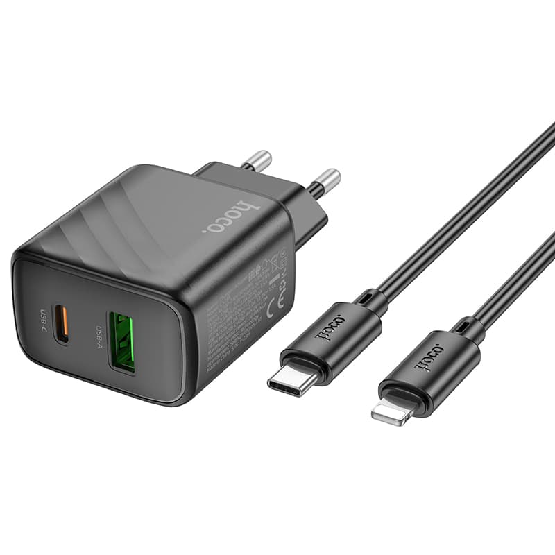 фото Сетевое зарядное устройство + кабель для iphone Lightning to Type-C HOCO CS23A PD 30W+QC3.0 1м 3A черный