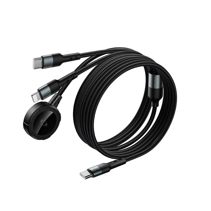 Кабель для зарядки 3 в 1 Lightning 2.4A/Type-C 2A/iWatch 2.5W HOCO CW64 1.2м в тканевой оплетке черный