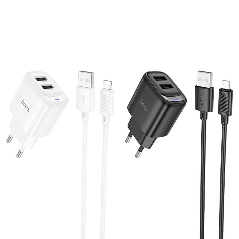 фото Сетевое зарядное устройство + кабель для iphone Lightning HOCO C141A 2USB 2.1A 1м белый
