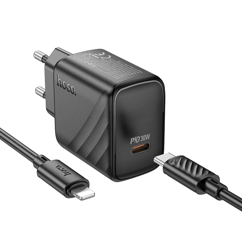 фото Сетевое зарядное устройство + кабель для iphone Lightning to Type-C HOCO CS22A PD 30W 1м 3A черный