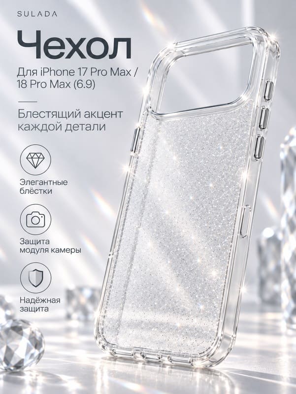 фото Чехол накладка для iphone 17 Pro/18 Pro 6.3 SULADA Crystal Shine силикон+пластик с блеском прозрачный