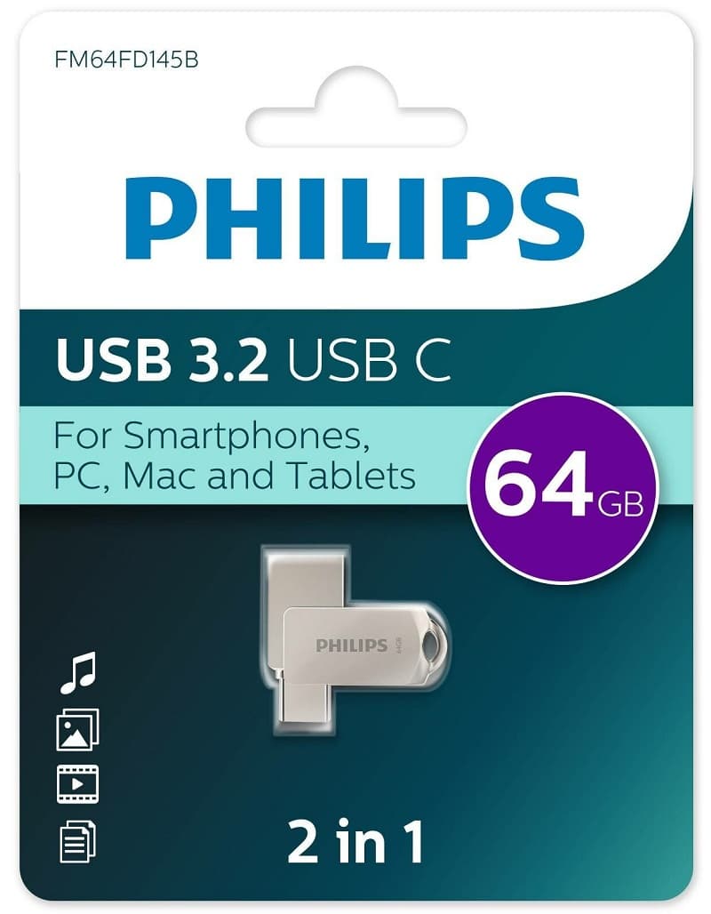 Изображение Флеш-накопитель Philips 2в1 USB 3.2 Type-C металл серый 64Gb