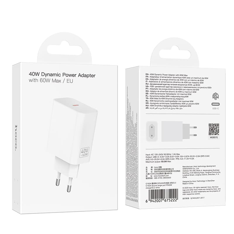 фото Сетевое зарядное устройство Адаптер Блок питания HOCO C162A PD 40W до 60W Type-C USB-C белое