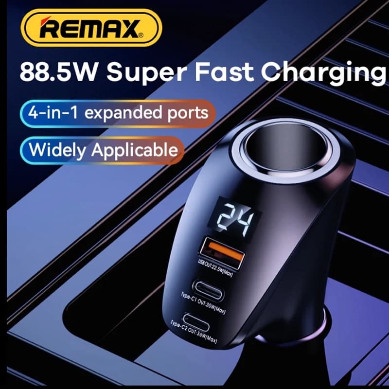 Изображение Разветвитель Remax RCC339 LED 88.5W 1 прикуриватель + USB QC3.0 + 2PD USB-C черный с дисплеем сайта akstel.ru фото Разветвитель Remax RCC339 LED 88.5W 1 прикуриватель + USB QC3.0 + 2PD USB-C черный с дисплеем