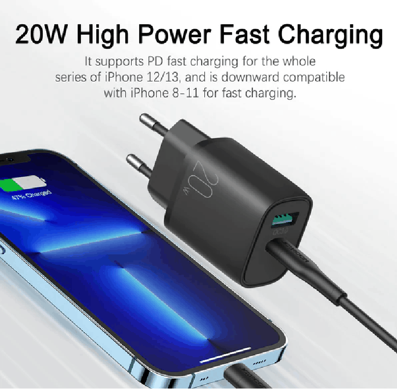 фото Сетевое зарядное устройство + кабель для iphone Lightning to Type-C Joyroom L-QP2011 PD 20W+QC3.0 3A черный