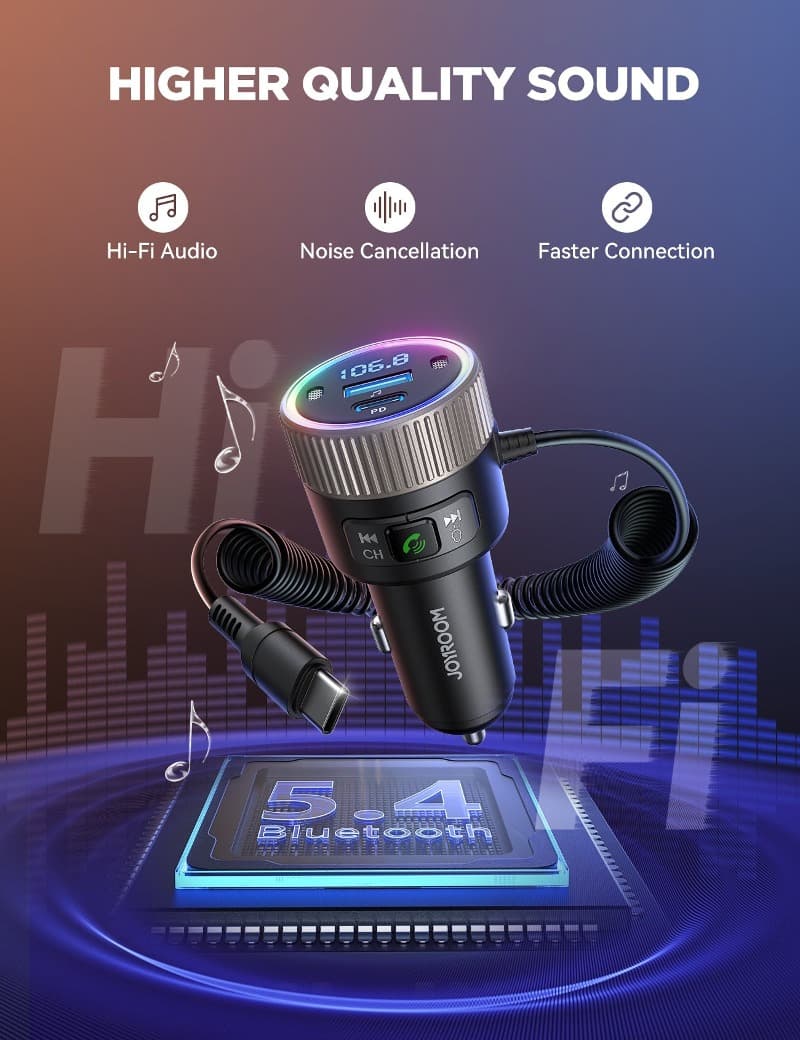 фото FM трансмиттер bluetooth модулятор Joyroom JR-CCB02 PD3.0 60W с кабелем Type-C 1.5м черный 