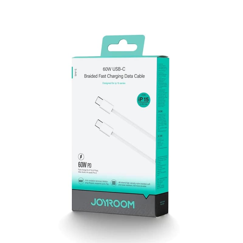 Кабель для зарядки Type-C to Type-C Joyroom S-A45 1м PD 60W в нейлоновой оплетке белый (для ip 15/16)