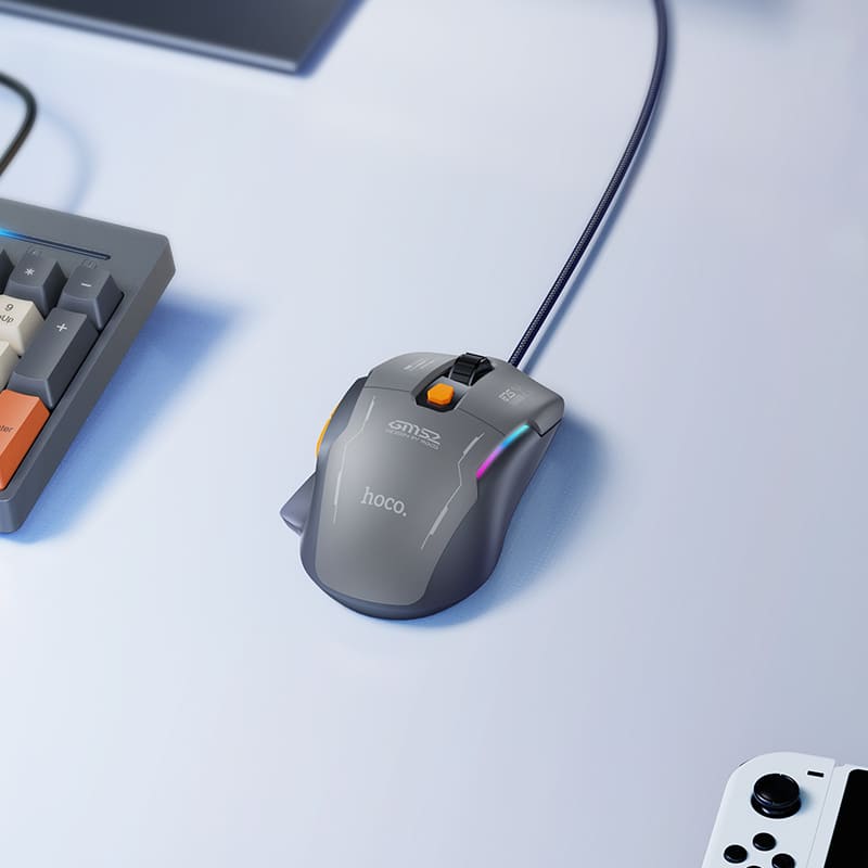 Мышь проводная игровая Hoco GM52 Gaming 1.6м черно-серая с RGB подсветкой 12800 dpi