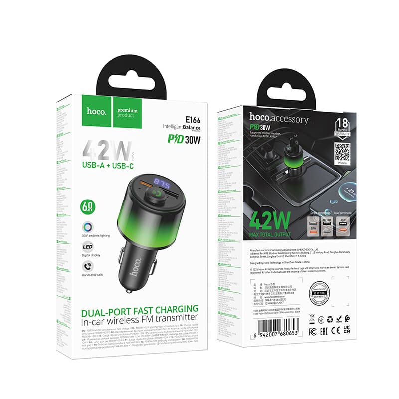 фото FM трансмиттер bluetooth модулятор HOCO E166 42W USB-A + USB-C PD 30W LED черный