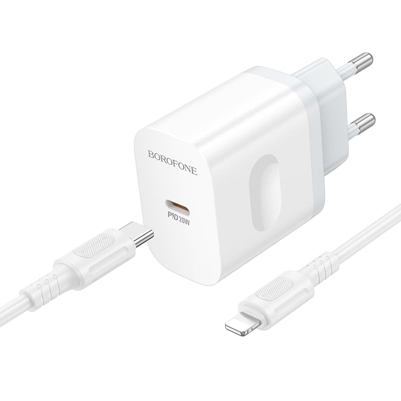 фото Сетевое зарядное устройство + кабель для iphone Lightning to Type-C Borofone BA99A PD 20W 1м белый