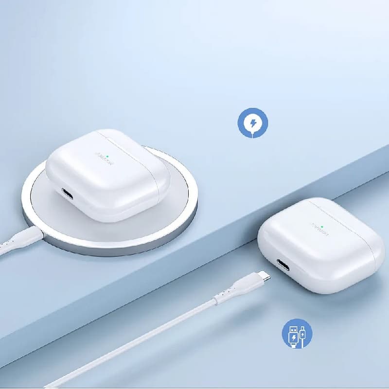 Изображение Наушники беспроводные Joyroom JR-T03S Plus NEW белые с тонким красным чехлом фото Наушники беспроводные Joyroom JR-T03S Plus NEW белые с тонким красным чехлом