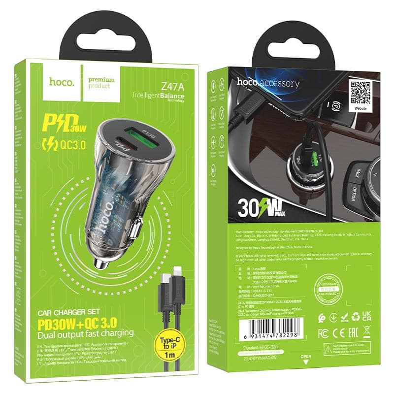 фото Автомобильное зарядное устройство + кабель Type-C to iphone lightning 8 pin HOCO Z47A PD 30W+QC3.0 1м прозрачный черный