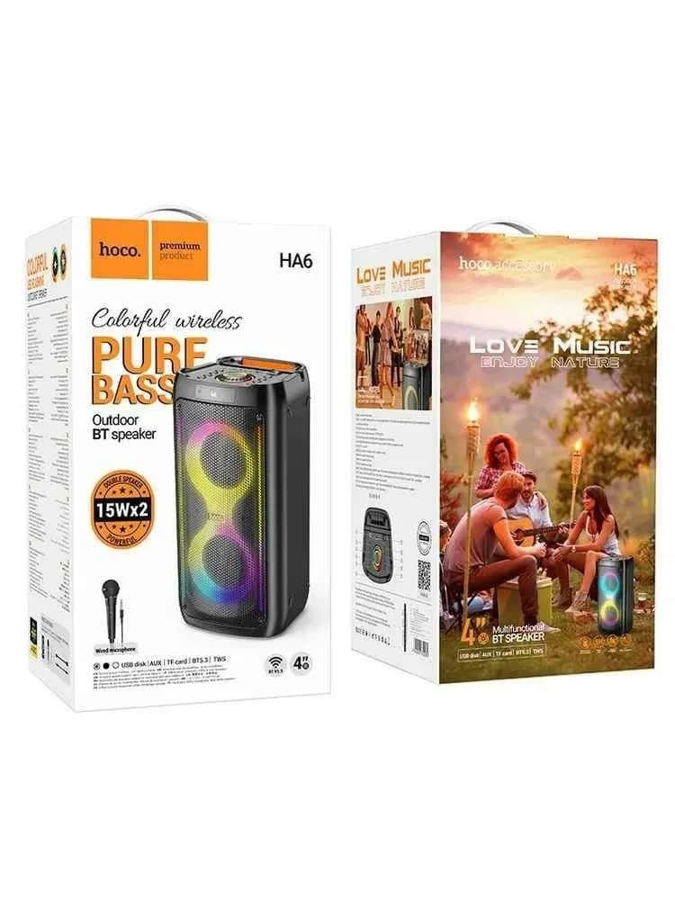 Колонка блютуз с микрофоном караоке HOCO HA6 LED многофункциональная черная 4500mAh