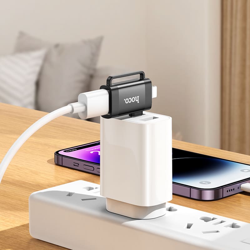 Адаптер переходник OTG 2в1 с Lightning (M)/Type-C USB (M) на USB 2.0 (F) Hoco UA31F серый