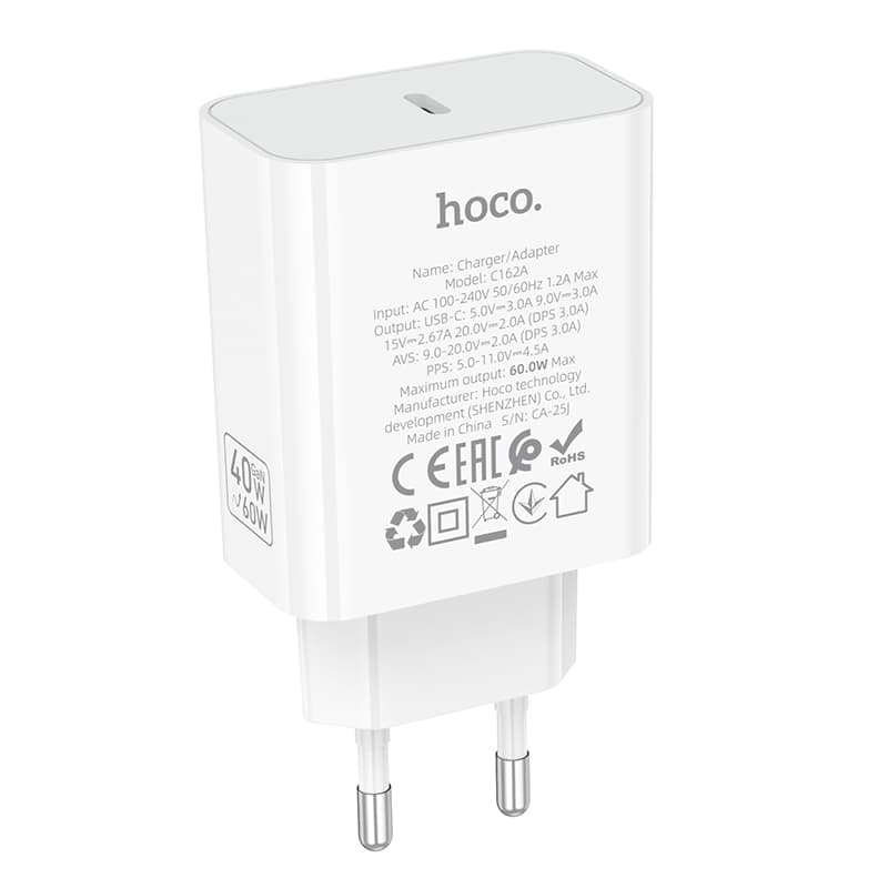 фото Сетевое зарядное устройство Адаптер Блок питания HOCO C162A PD 40W до 60W Type-C USB-C белое
