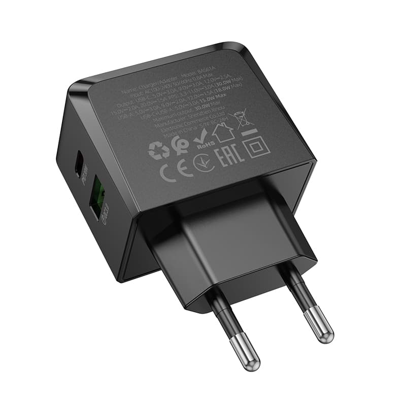 фото Сетевое зарядное устройство Адаптер Блок питания Borofone BAS61A PD 30W+QC3.0 18W / Type-C+USB-A черный