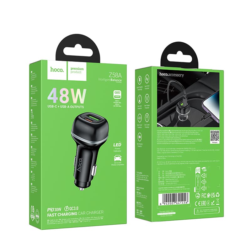 Изображение Автомобильное зарядное устройство HOCO Z58A 48W PD 30W+QC3.0 3A черное фото Автомобильное зарядное устройство HOCO Z58A 48W PD 30W+QC3.0 3A черное