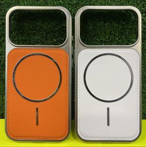 Чехол накладка для iphone 15 Pro (6.1) силикон+пластик с магнитом экокожа слоновая кость бампер металлик