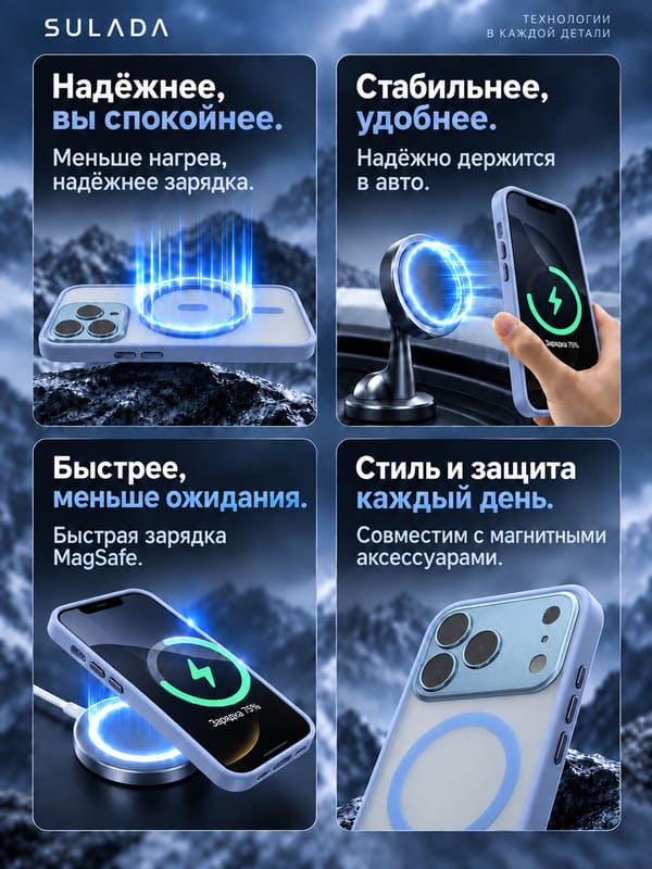 фото Чехол накладка для iphone 17 Pro Max/18 Pro Max 6.9 SULADA Mag силикон+пластик прозрачный матовый с металлической защитой камеры с магнитом голубой