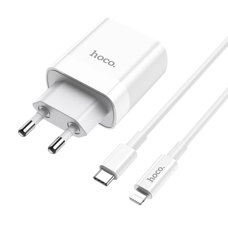 фото Сетевое зарядное устройство + кабель для iphone Lightning to Type-C HOCO C80A PD 20W+QC3.0 3A белый