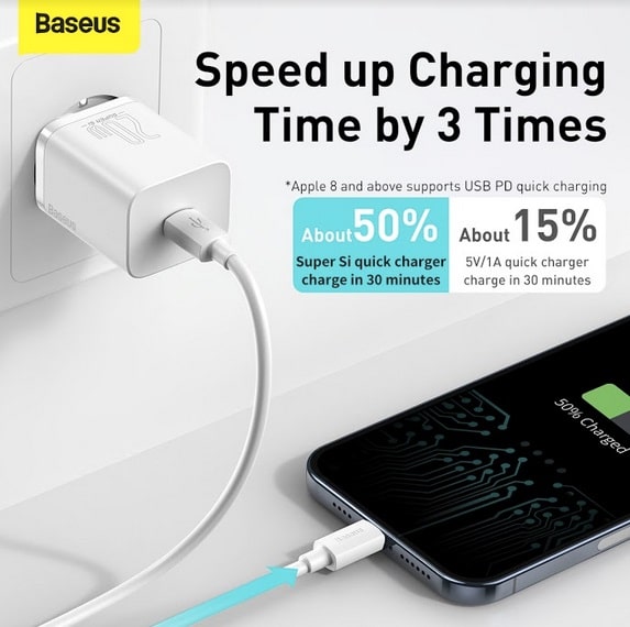 фото Сетевое зарядное устройство + кабель для iphone Lightning to Type-C Baseus Super Si Quick 1C 20W белый TZCCSUP-B02