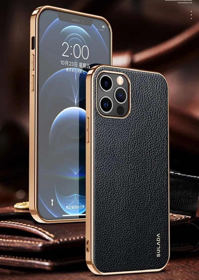 фото Чехол накладка для iphone 14 Pro Max (6.7) SULADA Luxury силикон+пластик под кожу красная золотой бампер