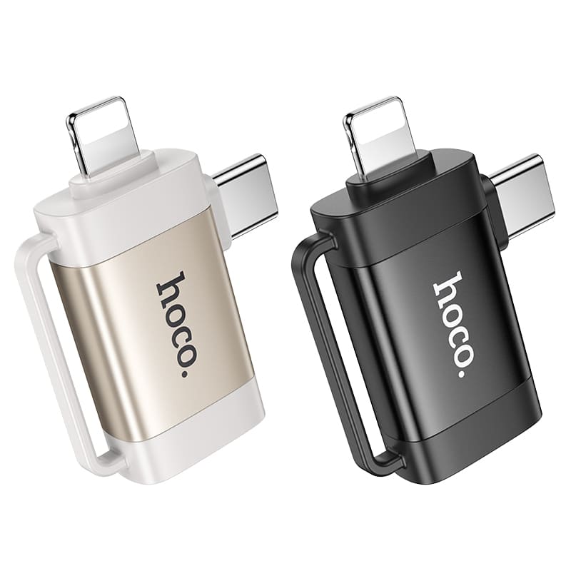 Адаптер переходник OTG 2в1 с Lightning (M)/Type-C USB (M) на USB 2.0 (F) Hoco UA31F серый