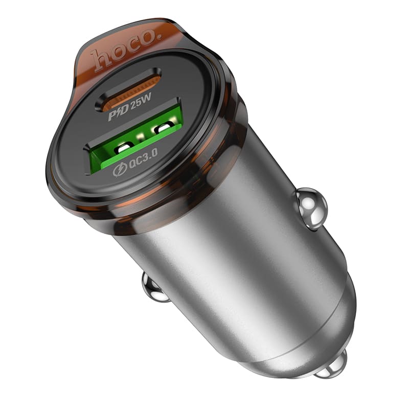 фото Автомобильное зарядное устройство HOCO NZ16A 43W PD 25W+QC3.0 / Type-C USB-C+USB серый металл