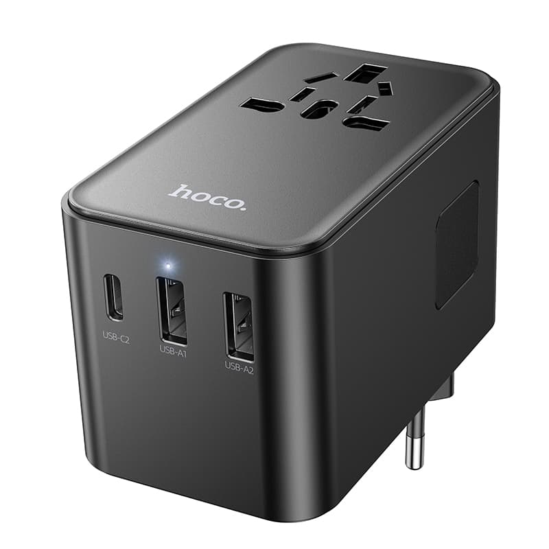 фото Универсальное зарядное устройство адаптер Hoco AC18 Supporter PD35W EU/US/AUS/UK 3 порта / Type-C USB-C+2USB 8A с выдвижным кабелем Type-C USB черный