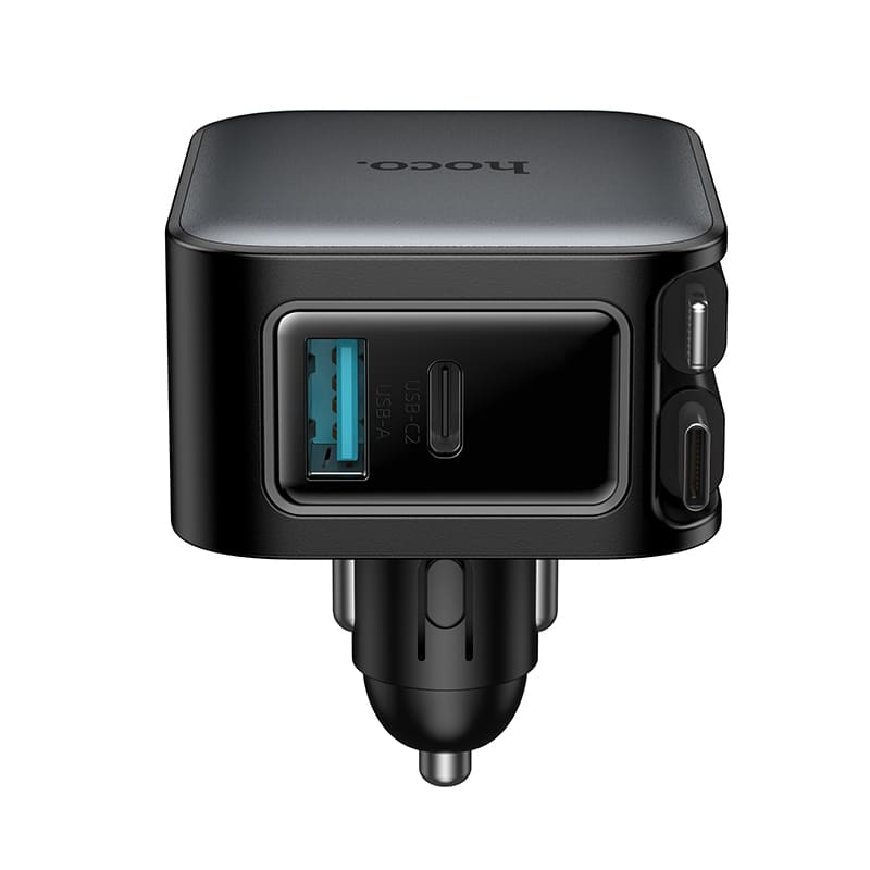 фото Автомобильное зарядное устройство HOCO Z67A 60W 4в1 PD 45W+QC3.0 + выдвижной кабель Type-C USB-C / Lightning 75см с дисплеем серый металл