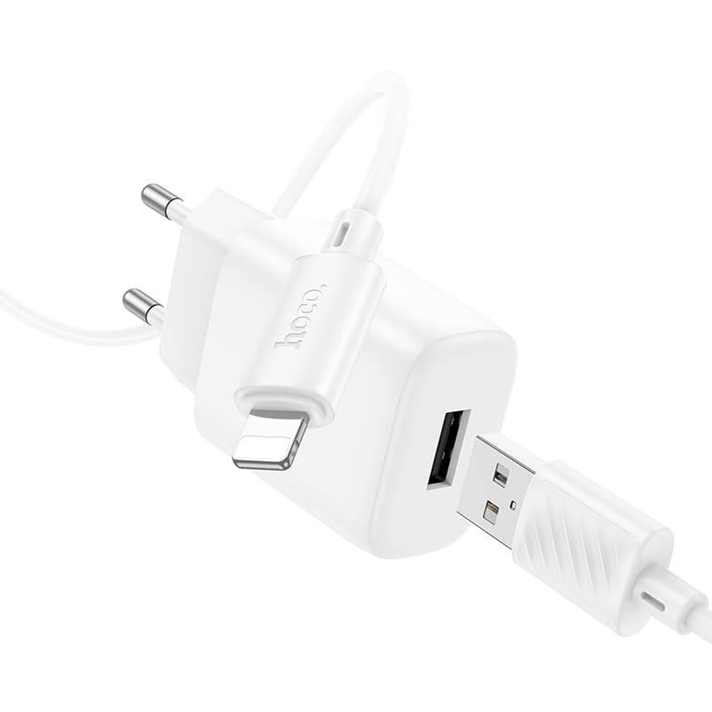 Изображение Сетевое зарядное устройство + кабель для iphone Lightning HOCO C134A 1USB 12W 2.4A 1м белый фото Сетевое зарядное устройство + кабель для iphone Lightning HOCO C134A 1USB 12W 2.4A 1м белый