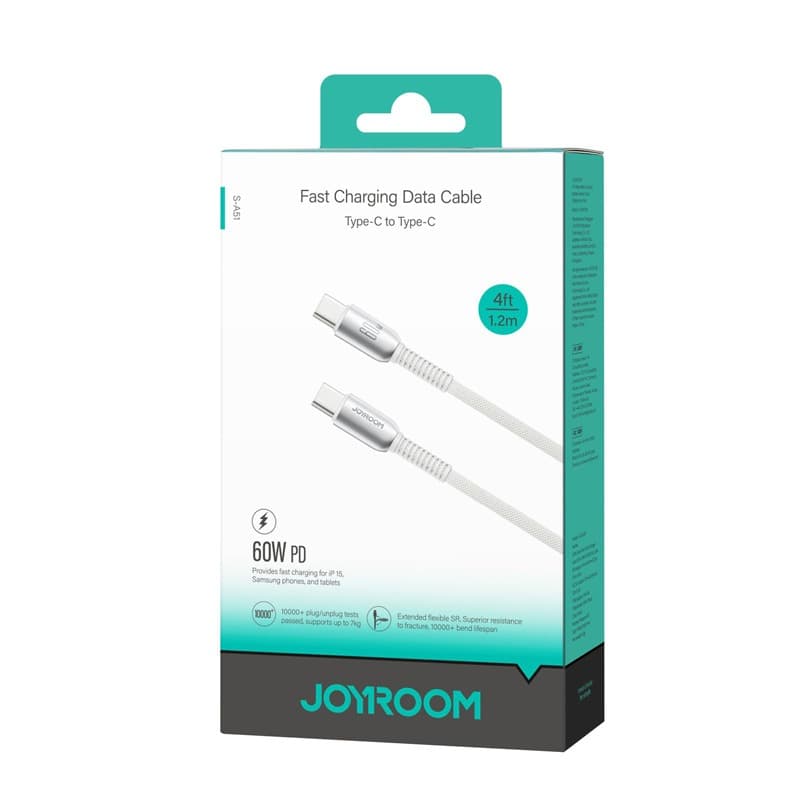 Кабель для зарядки Type-C to Type-C Joyroom S-A51 1.2м PD 60W в нейлоновой оплетке светло-серый (для ip 15) Кабель для зарядки Type-C to Type-C Joyroom S-A51 1.2м PD 60W в нейлоновой оплетке светло-серый (для ip 15)