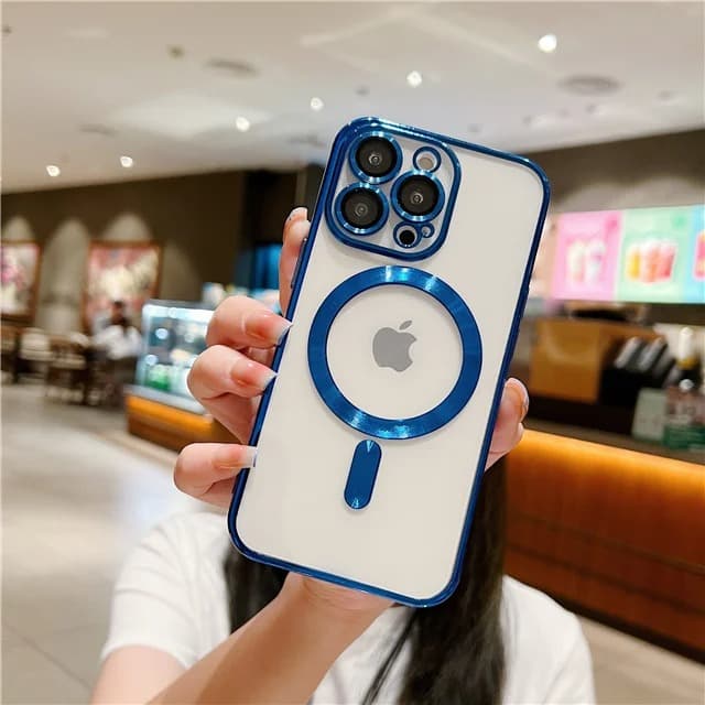 фото Чехол накладка для iphone 15 Pro Max (6.7) силикон с магнитом для magsafe и защитой камеры прозрачная с серебристым бампером