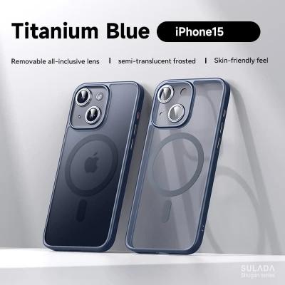 Чехол накладка для iphone 14 Pro Max (6.7) SULADA Shugan силикон+пластик притемненный матовый титановый синий бампер с магнитом защита линз