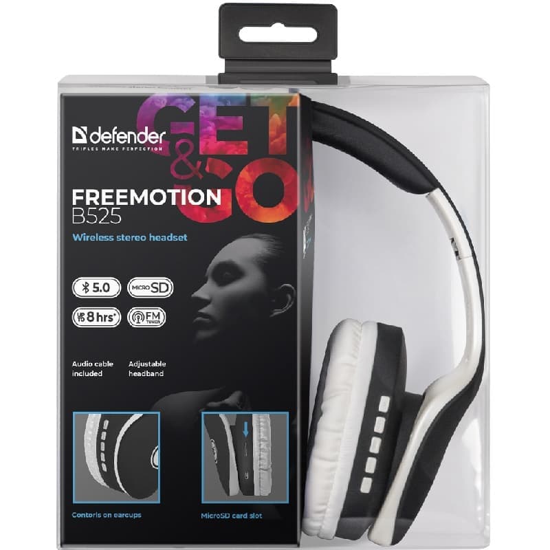 Изображение Наушники беспроводные накладные DEFENDER FreeMotion B525 Bluetooth серый+белый фото Наушники беспроводные накладные DEFENDER FreeMotion B525 Bluetooth серый+белый