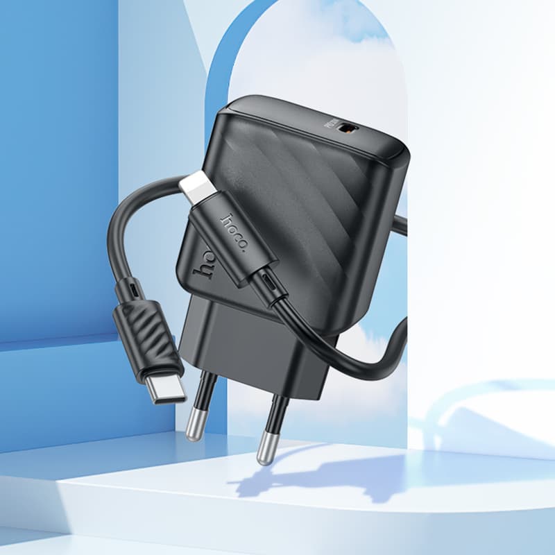фото Сетевое зарядное устройство + кабель для iphone Lightning to Type-C HOCO CS22A PD 30W 1м 3A черный
