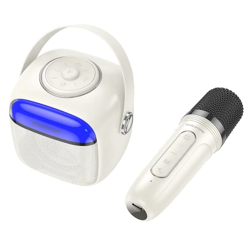 Колонка блютуз с микрофоном караоке Borofone BP15 LED Mini Karaoke молочно-белая 1500mAh