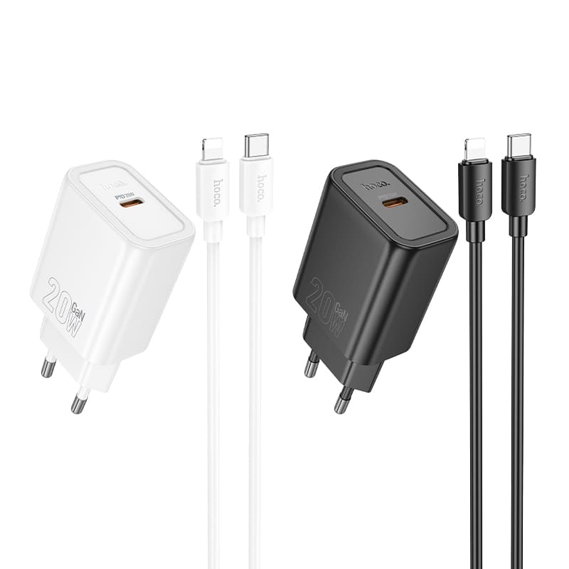фото Сетевое зарядное устройство + кабель для iphone Lightning to Type-C HOCO N60 GaN PD 20W 1м белый