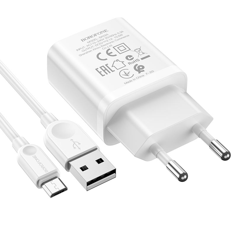 фото Сетевое зарядное устройство + кабель Micro USB Borofone BA52A 1USB 2.1A белый
