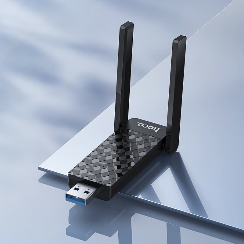 USB адаптер Wi-Fi6 HOCO HI34 с внешней двойной антеной черный (2.4G+5G 2.4ГГц до 286Мбит/с)