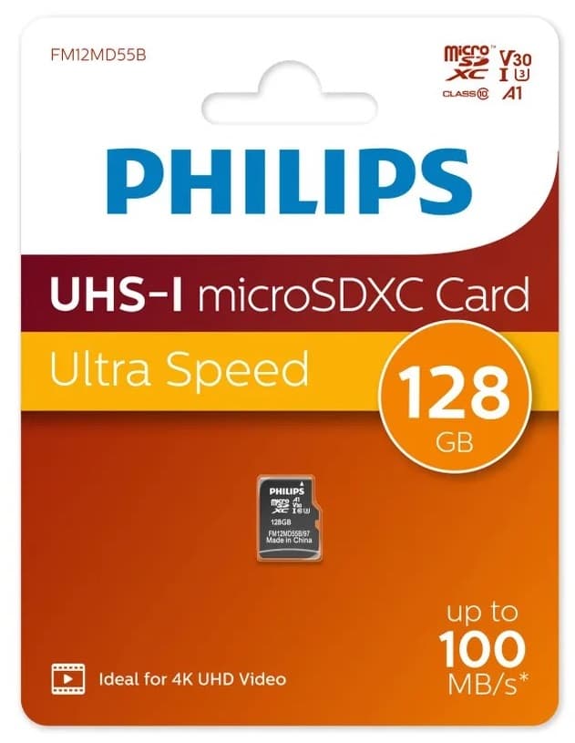Изображение Карта памяти Philips Micro SDXC Class 10 100MB/s UHS-I U3 V30 A1 128Gb без адаптера FM12MD55B