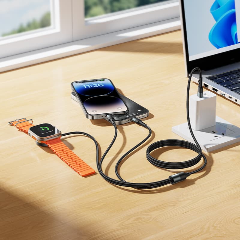 Кабель для зарядки 3 в 1 Lightning 2.4A/Type-C 2A/iWatch 2.5W HOCO CW64 1.2м в тканевой оплетке черный