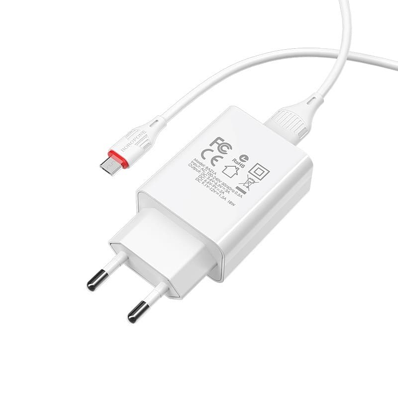 фото Сетевое зарядное устройство + кабель Micro USB Borofone BA21A 1USB QC3.0 18W белый